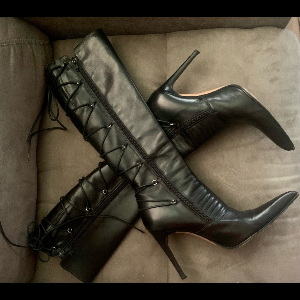 BEBE knee high leather stiletto corset boot